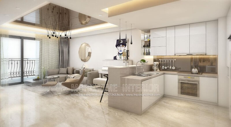 Tủ bếp gỗ công nghiệp màu trắng tinh tế, cùng tone màu với không gian sinh hoạt chung khác tạo nên sự đồng nhất, sang trọng mà không bị rối mắt Tủ bếp đẹp, sang trọng và đẳng cấp