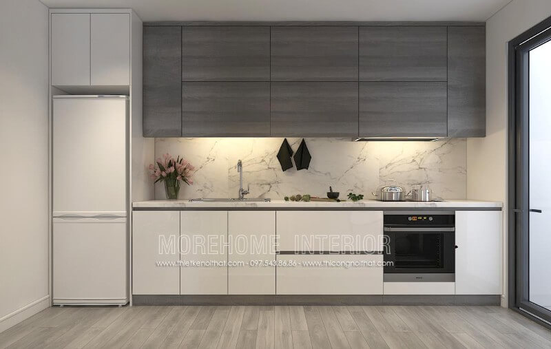 Mẫu thiết kế tủ bếp cho căn hộ chung cư kiểu dáng chữ i nhỏ gọn kết hợp chất liệu công nghiệp chủ đạo tạo không gian thoáng đãng hơn Tủ bếp đẹp, sang trọng và đẳng cấp