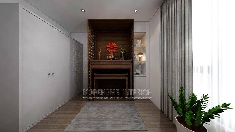 Thiết kế nội thất phòng thờ vô cùng trang nghiêm và thành kính
