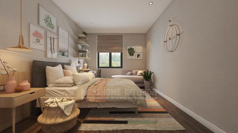 Sắp xếp nội thất phòng ngủ hiện đại đẹp trẻ trung với điểm nhấn tranh treo tường, góc học tập, làm việc độc đáo.