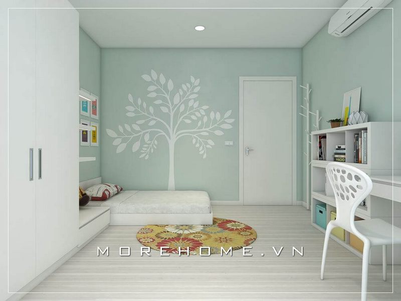 Nội thất phòng ngủ trẻ em gỗ công nghiệp màu trắng đầy tinh tế, vách tường được trang trí bằng giấy dán tường màu xanh nhẹ nhàng tạo điểm nhấn khó mà rời mắt