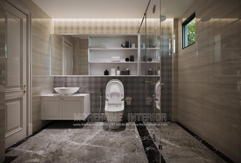 Bố trí nội thất phòng tắm hiện đại đẹp độc đáo từ gương ốp tường.