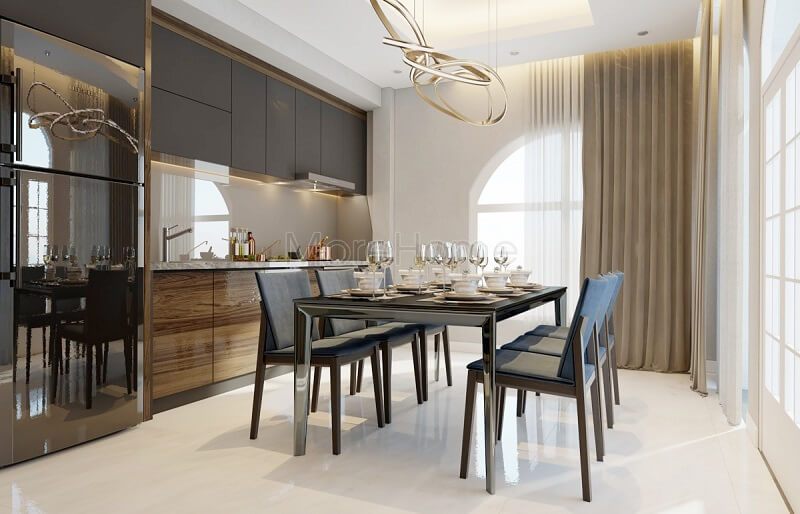 Mẫu thiết kế phòng ăn khách sạn đẹp với bộ bàn ăn hiện đại kết hợp hệ tủ bếp mang đến không gian đẳng cấp