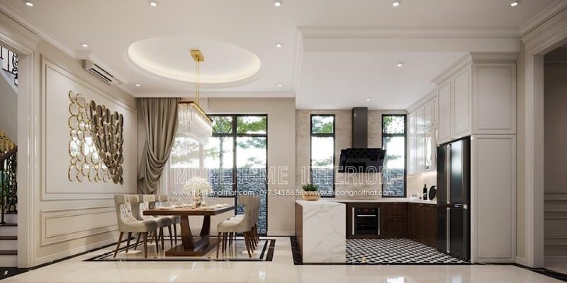 Trang trí nội thất mở sang trọng từ phòng ăn liền bếp không vách ngăn.
