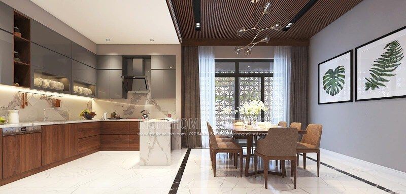 Thiết kế nội thất phòng bếp liền phòng ăn đẹp, hiện đại, sang trọng cho biệt thự, nhà phố tại Vinh, Nghệ An.