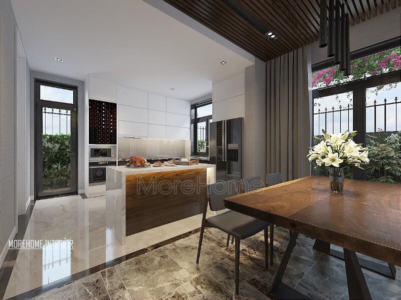 Thiết kế phòng bếp biệt thự hiện đại với thiết kế theo cách hướng tới tự nhiên với ánh sáng được tận dụng một cách tối đa trong mọi góc cạnh ngôi nhà.