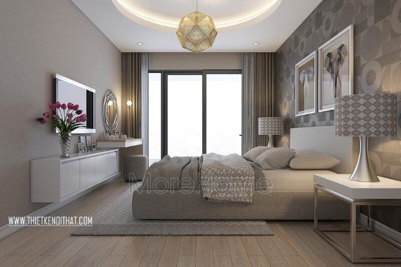 Thiết kế nội thất phòng ngủ chung cư hiện đại khoác lên mình lớp vẻ ngoài tinh tế hoàn hảo, tone màu ghi nâu trầm ấm áp mang đến cảm giác gần gũi và an toàn cho gia chủ.