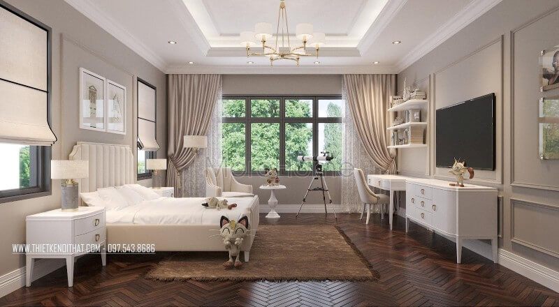 Nội thất phòng ngủ con trai được bố trí hợp lý, khu vực nghỉ ngơi và học tập khoa học giúp cho con có một không gian nghỉ ngơi, học bài tập trung nhất