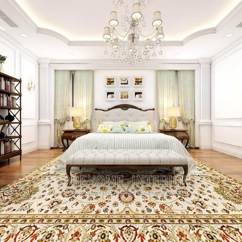 Giường ngủ gỗ óc chó bọc vải Cỏ may cao cấp kiểu dáng tân cổ điển nhẹ nhàng, tinh tế