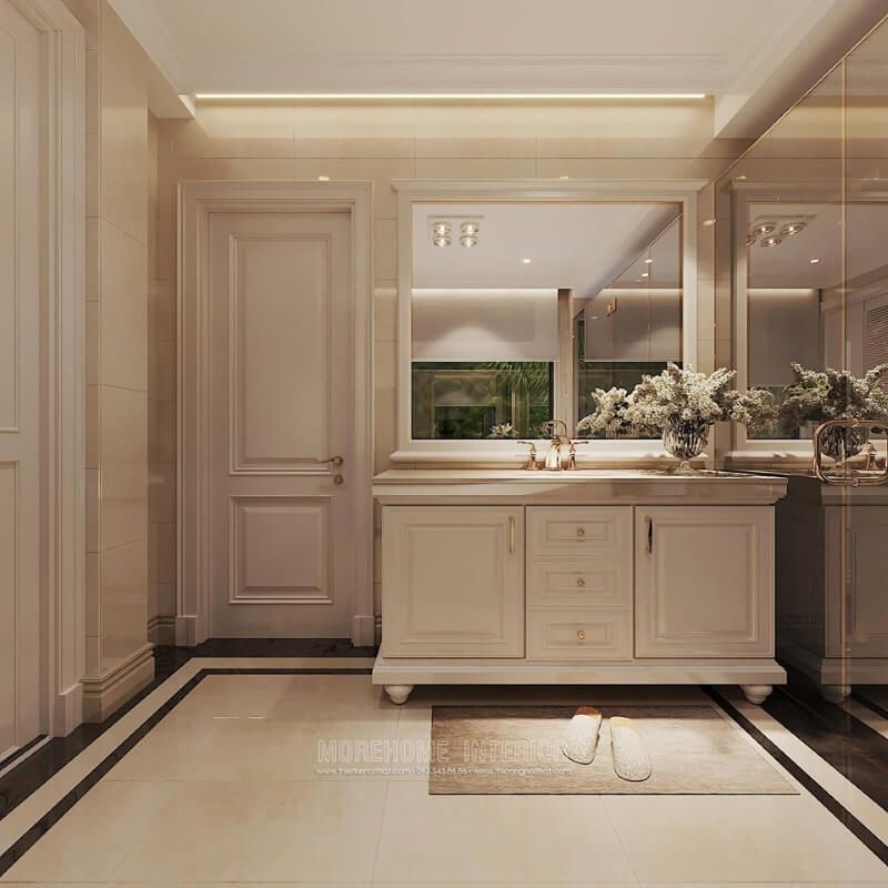 Mẫu kệ tủ lavabo được làm từ gỗ sồi nhập khẩu để trang trí phòng tắm nhà vệ sinh.
