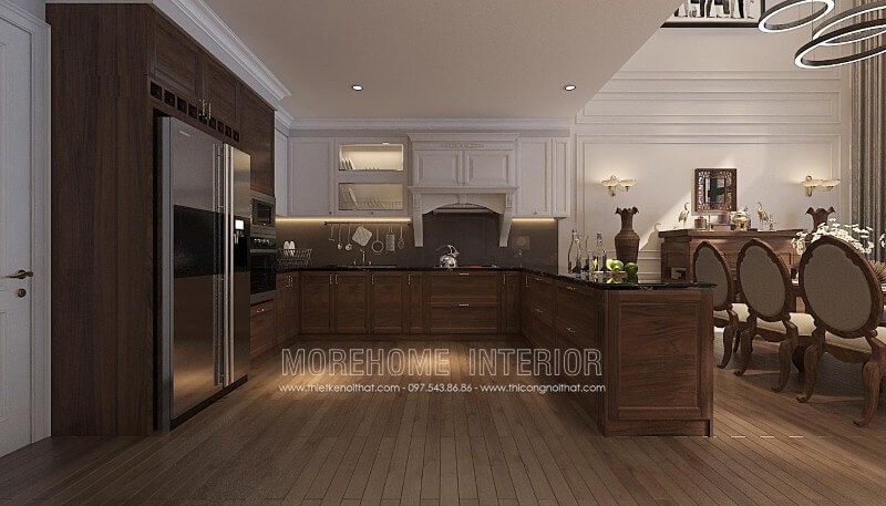 Tủ bếp biệt thự có quầy bar phong cách ấn tượng, lạ mắt và là một điểm nhấn mới mẻ cho mọi gia đình. Nó không chỉ cung cấp vẻ đẹp cao độ mà còn là một nơi tuyệt vời để chế biến thức ăn và thưởng thức những thành phẩm của mình.