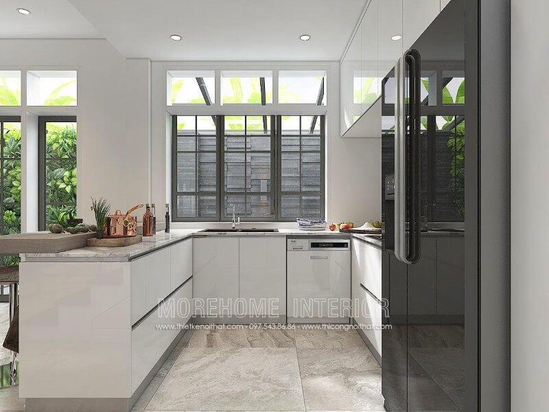.
Tủ bếp được treo trên kết hợp với tủ bếp dưới, với ngăn chia nhỏ để lưu trữ vật dụng nhà bếp và gia vị nấu ăn, đồng thời tạo ra một không gian lưu trữ hợp lí.