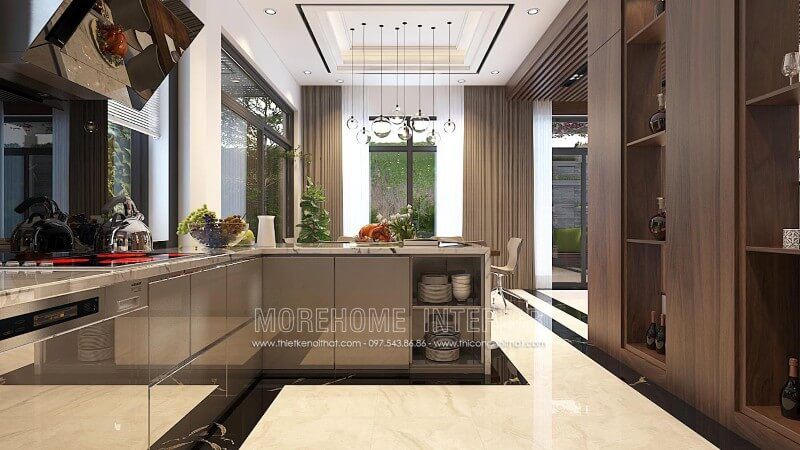 Mẫu thiết kế tủ bếp hiện đại được áp dụng tại biệt thự Vinhomes Hải Phòng cao cấp.
