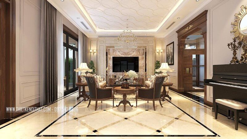 Gợi ý thiết kế bố trí không gian phòng khách biệt thự đẹp với mẫu bàn ghế sofa đơn bằng gỗ óc chó cao cấp