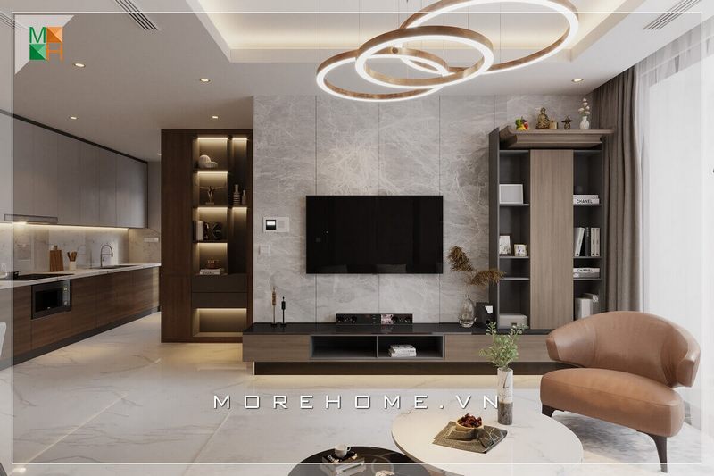 Mẫu thiết kế kệ tivi phòng khách kết hợp giá sách bằng gỗ công nghiệp kiểu dáng đơn giản mà sang trọng, phù hợp chung cư, nhà phố, biệt thự phong cách hiện đại