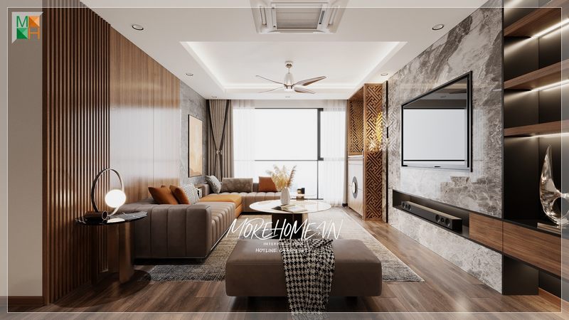 Sofa chữ L bọc da màu nâu hiện đại góp phần chu đáo cho việc đón tiếp khách, không gian thẩm mỹ